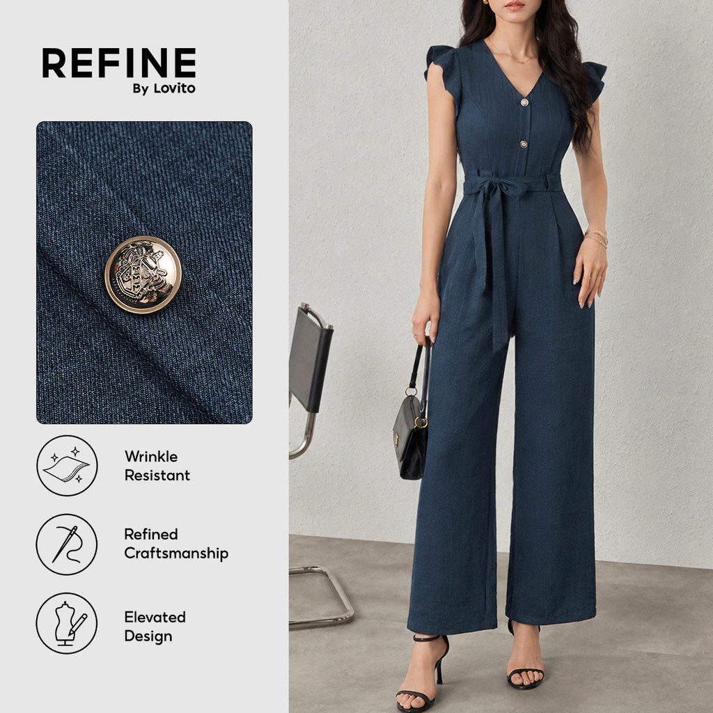 (Refine by Lovito) Casual Jumpsuit Office Button Front Belted All Seasons Navy Blue Jumpsuit for Women LR13L066