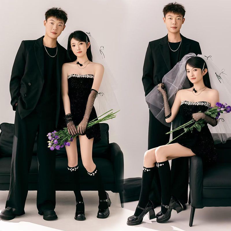 New Style Black Retro Princess Dress - Ideal for Couple's Indoor Wedding Photoshoot