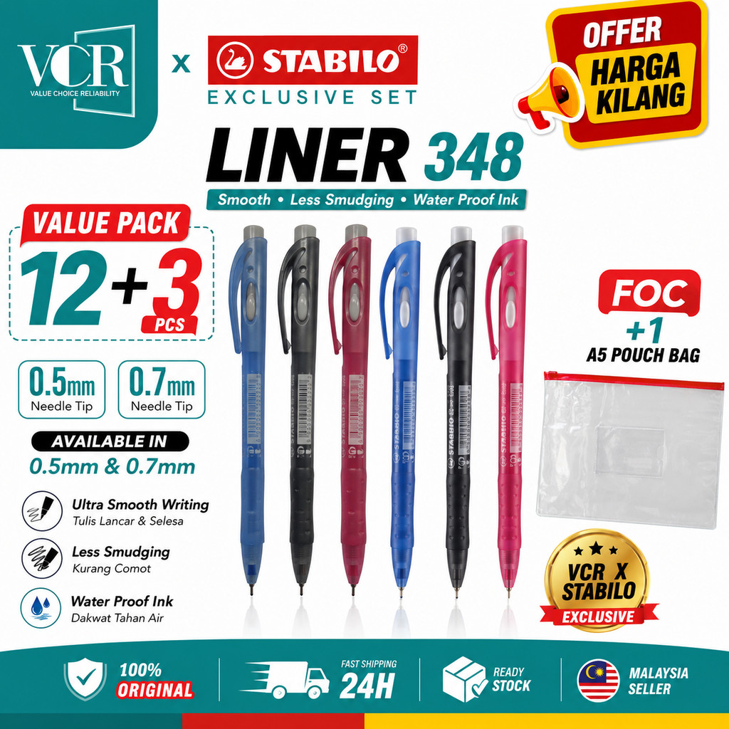 STABILO Liner 348 Semi Gel Ball Pen 15s FOC Beg Office Stationery Pejabat Alat Tulis Retractable Pen Writing Instrument