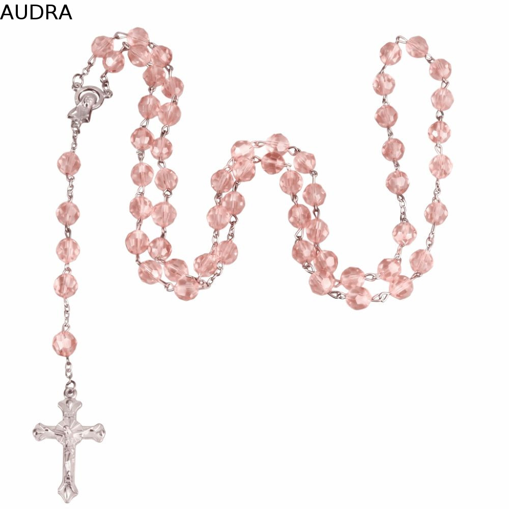AUDRA Cross Pendant Necklace, Catholic Rosary 8mm Beads Rosary Necklace, Fashion Long Chain Crystal Beads Religious Crucifix Pendant Chain Jewelry Accessories