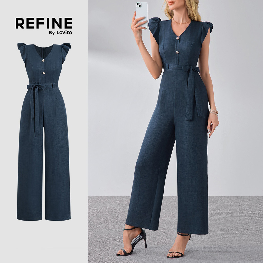(Casual) (Refine by Lovito) Jumpsuit Button Front Belted All Seasons Navy Blue Jumpsuit for Women LR13L066 (NEW) (Refine by Lovito) Jumpsuit Kancing Depan Belted All SEAsons Wanita Biru Navy LR13L066
