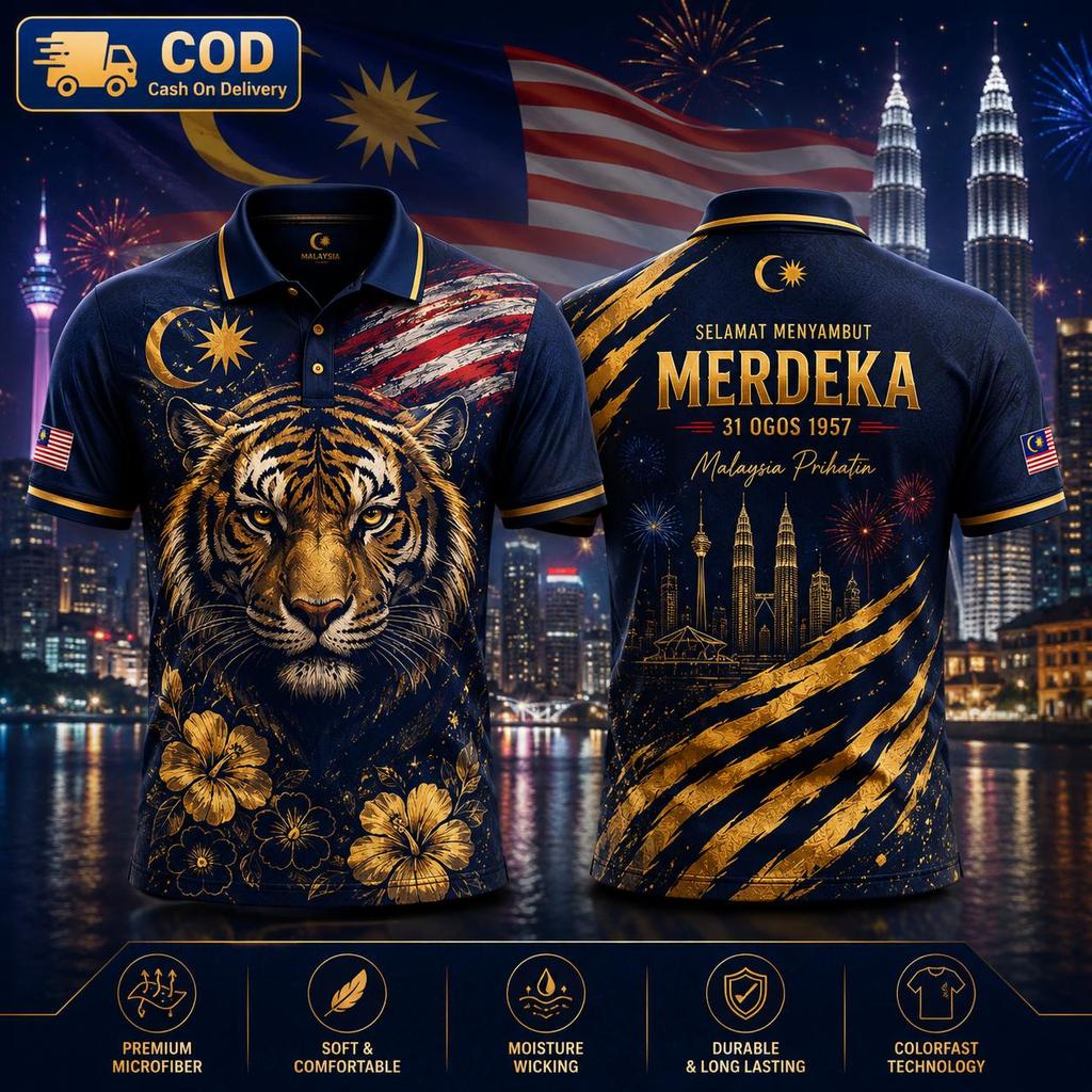 Malaysian Independence Day jersey, 69-year-old Malay tiger pattern, black style with gold accents, streetwear with short sleeves that is comfortable and cool fabric, OOTD for men.