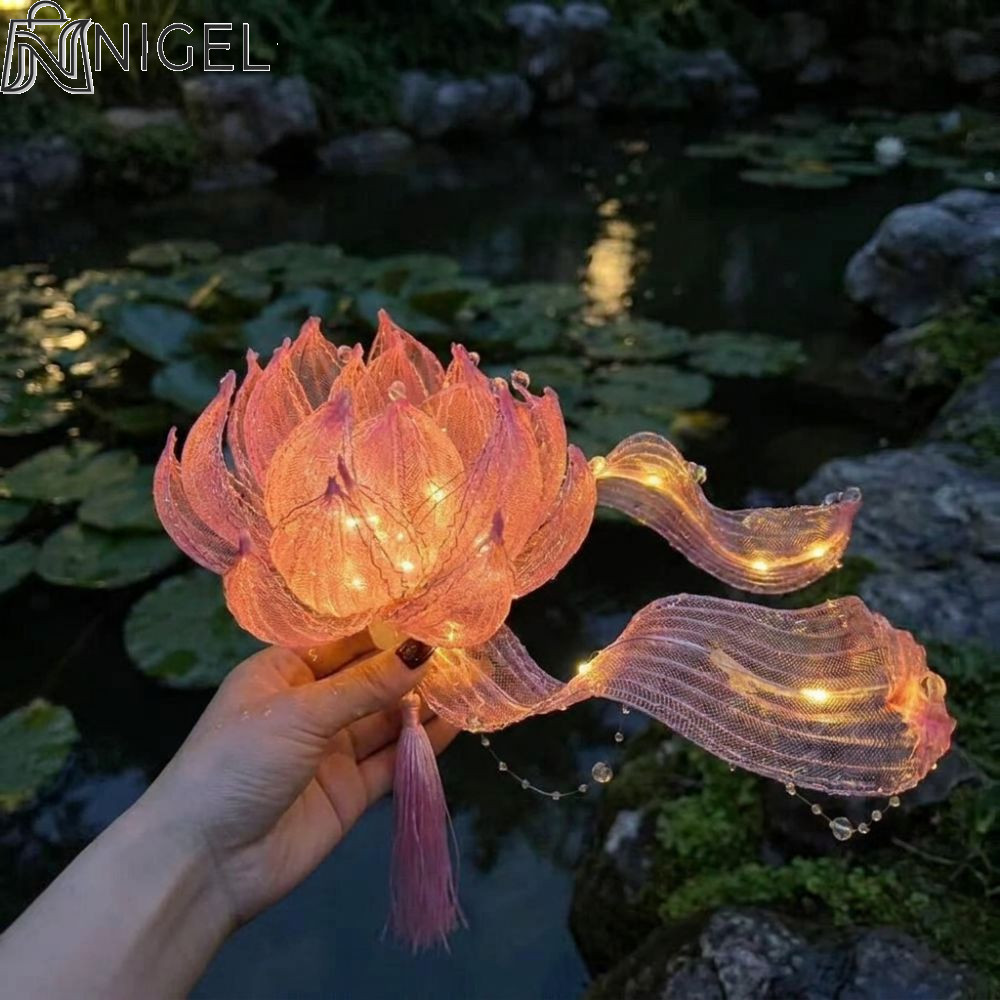 NIGEL Handheld Lotus Lantern, Ancient Style Handmade Glowing Floating Lotus Light, Creative Gift DIY Craft Kit Colorful LED Light Ribbon Fairy Lotus Lantern Mid-Autumn Festival