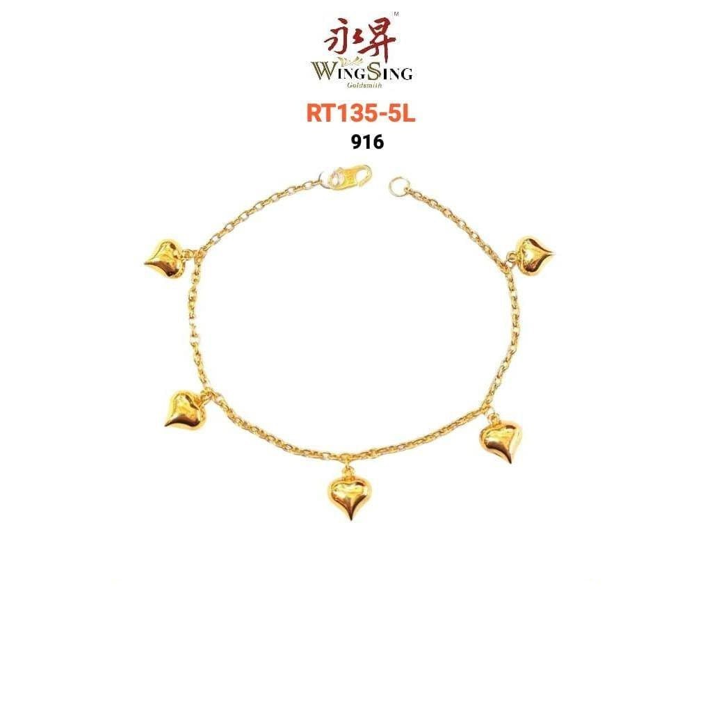 Wing Sing Rantai Tangan Sauh Licin Gantung Lima Love Licin Emas 916 爱心光身万字916 黄金手链 916 Love Bracelet