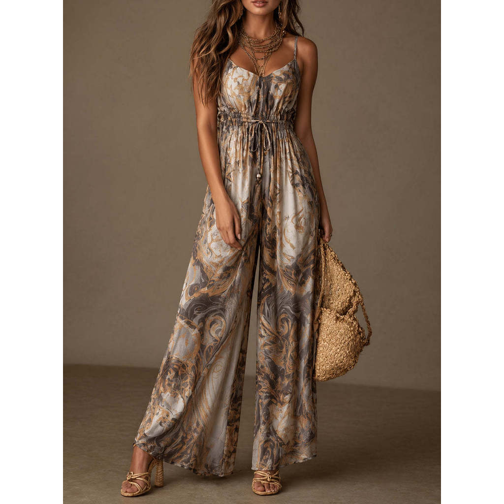 New Style Printed Sling Narrow-Waist Loose Wide-Leg Jumps