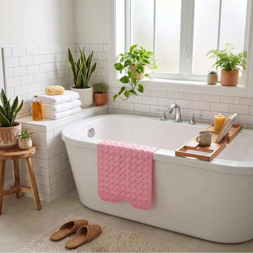 Slip Proof Bathtub Mat Odourless PVC Flexible Elastic Shower with Suction Cups and Textured Grip Dots Large Drain Holes