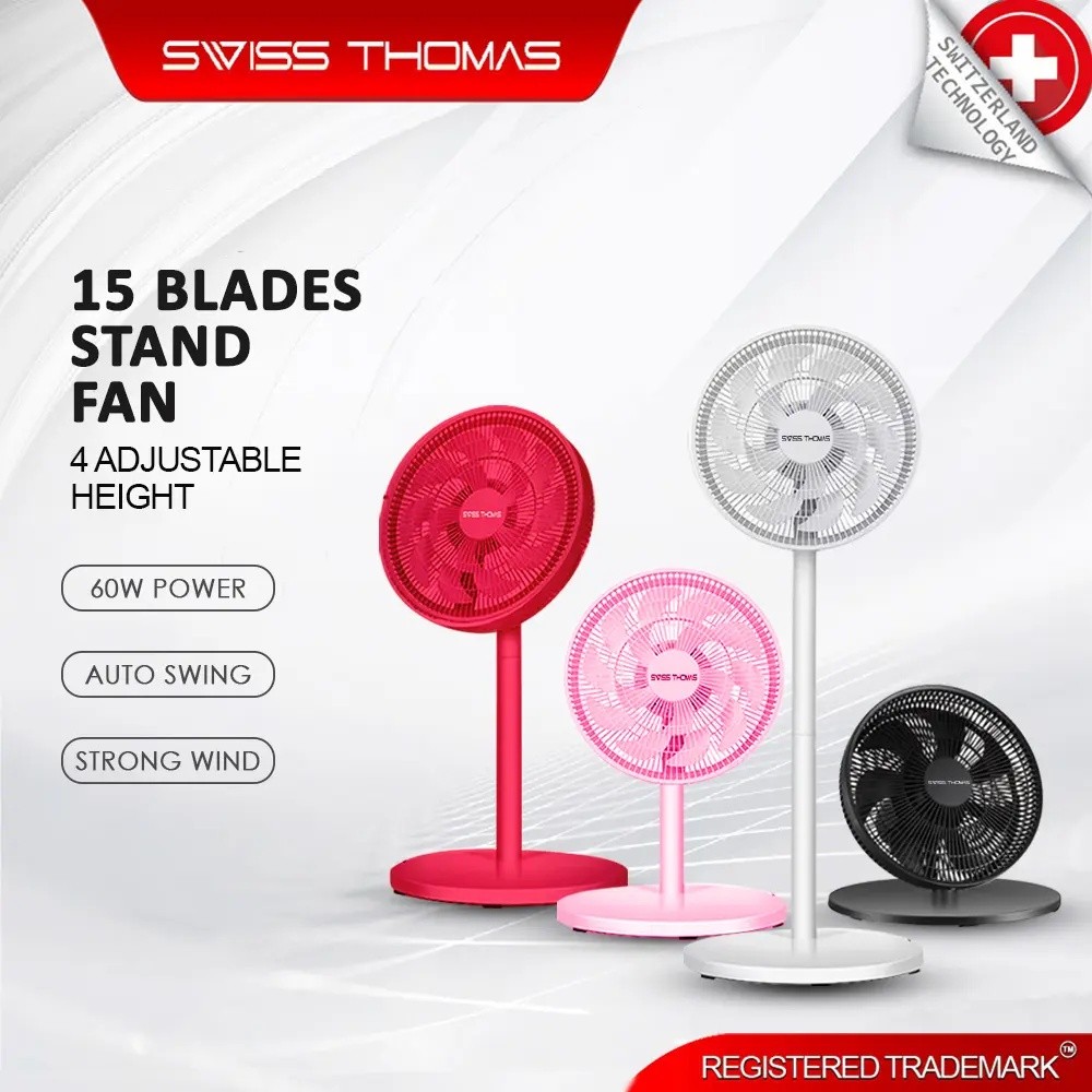 【Polands】Swiss Thomas Fan 15 Blades Stand Fan Standing Fan 3 Speed Adjustment Low Noise Stand Table Fan strong wind
