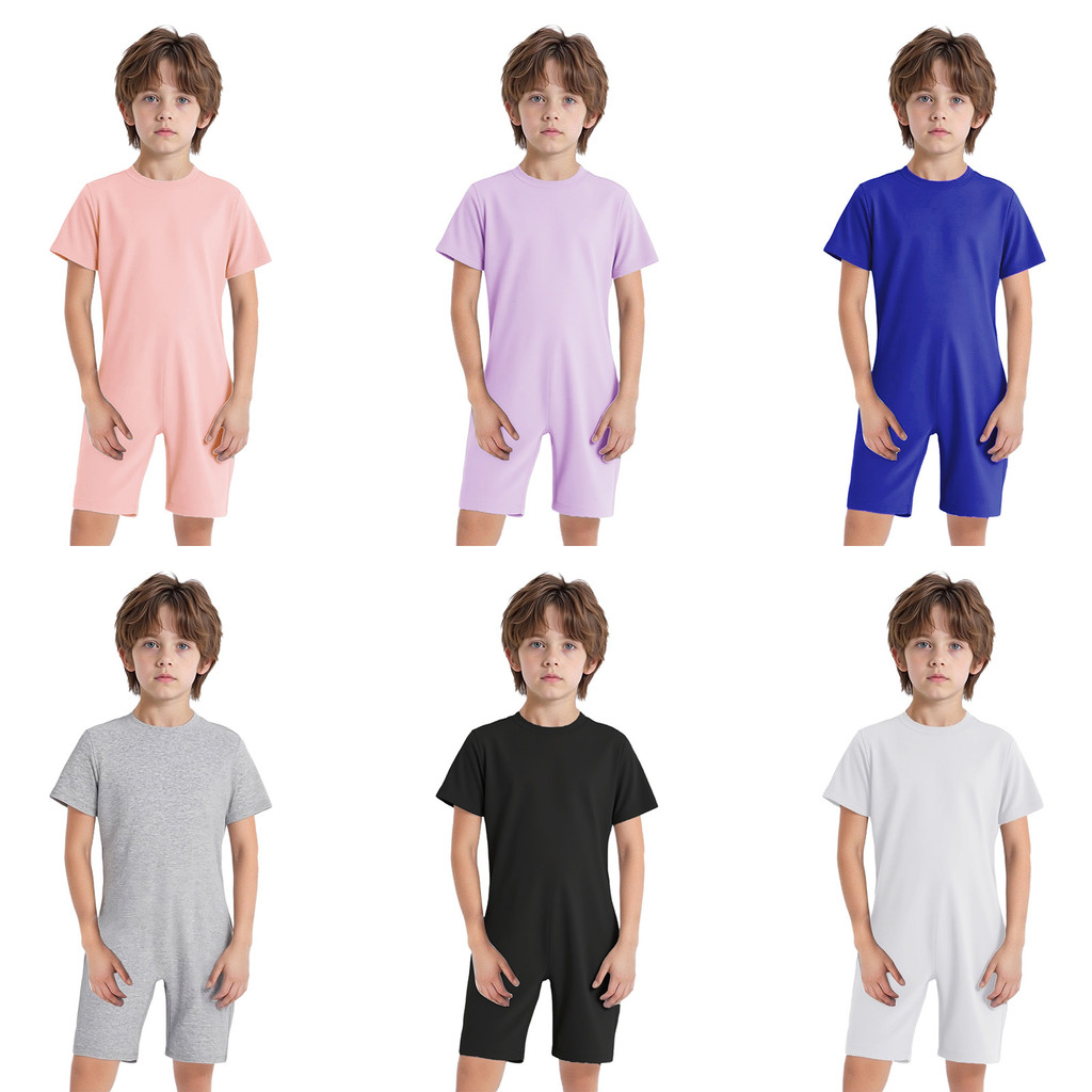 Fldy Kids Girls Boys Special Needs Adaptive Clothing Round Neck Short Sleeve Back Invisible Zipper Solid Color Jumpsuit