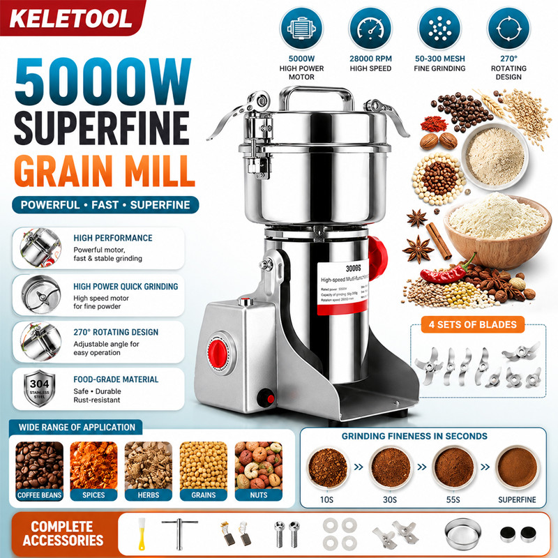 1800G Stainless Steel Electric Dry Powder Grinder Superfine Grinder Spice Coffee Dried Tofu Pepper Grinder Mesin Pengisar Serbuk Kering 磨粉机
