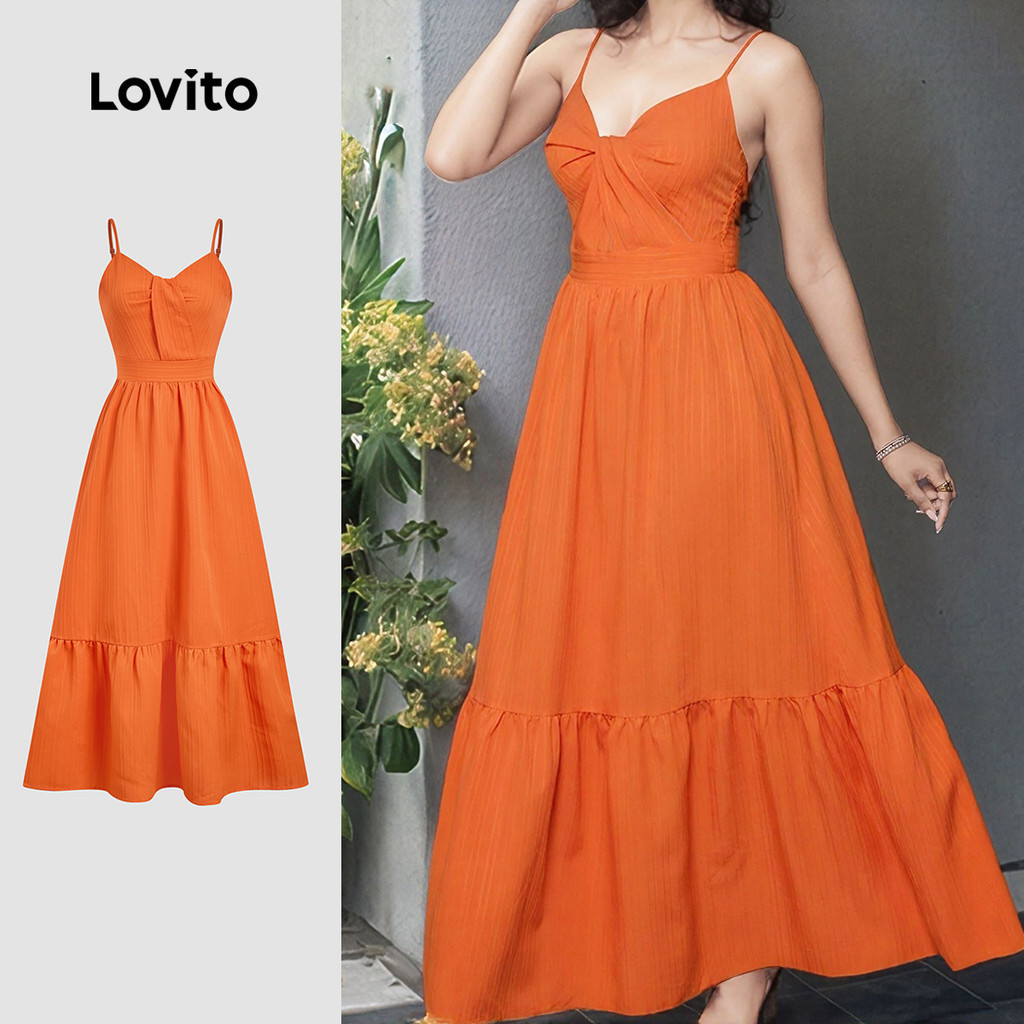 Lovito Vacation Dress Ruffle Hem Structure Line Spring/summer Orange Dress for Women LBL33017 Lovito Vacation Gaun Ruffle Hem Garis Struktur Musim Bunga/panas Dress Oren untuk Wanita LBL33017