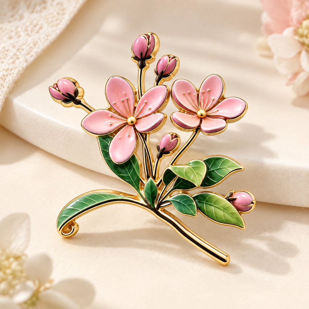 Pink Enamel Flower Brooch Floral Branch Bud Green Leaf Gold Tone Elegant Clothing Pin Fashion Accessory for Women
