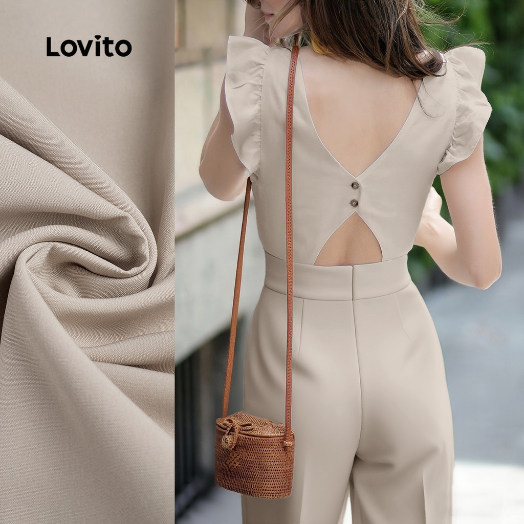 (New) Lovito Casual Jumpsuit Ruffle Button Backless Spring/summer Khaki Jumpsuit for Women L142ED099 Warna Kasual Ruffle Butang Belakang Tanpa Lengan Baju Panas Musim Baru Khaki Jumpsuit L142ED099
