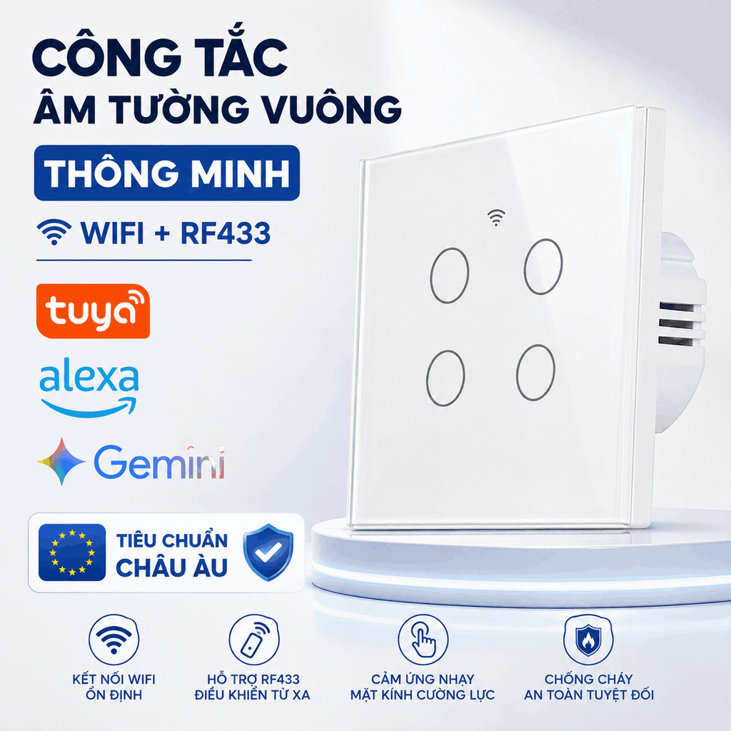 Tuya WiFi + RF433 remote control black/white smart square wall socket Alexa Google Gemini