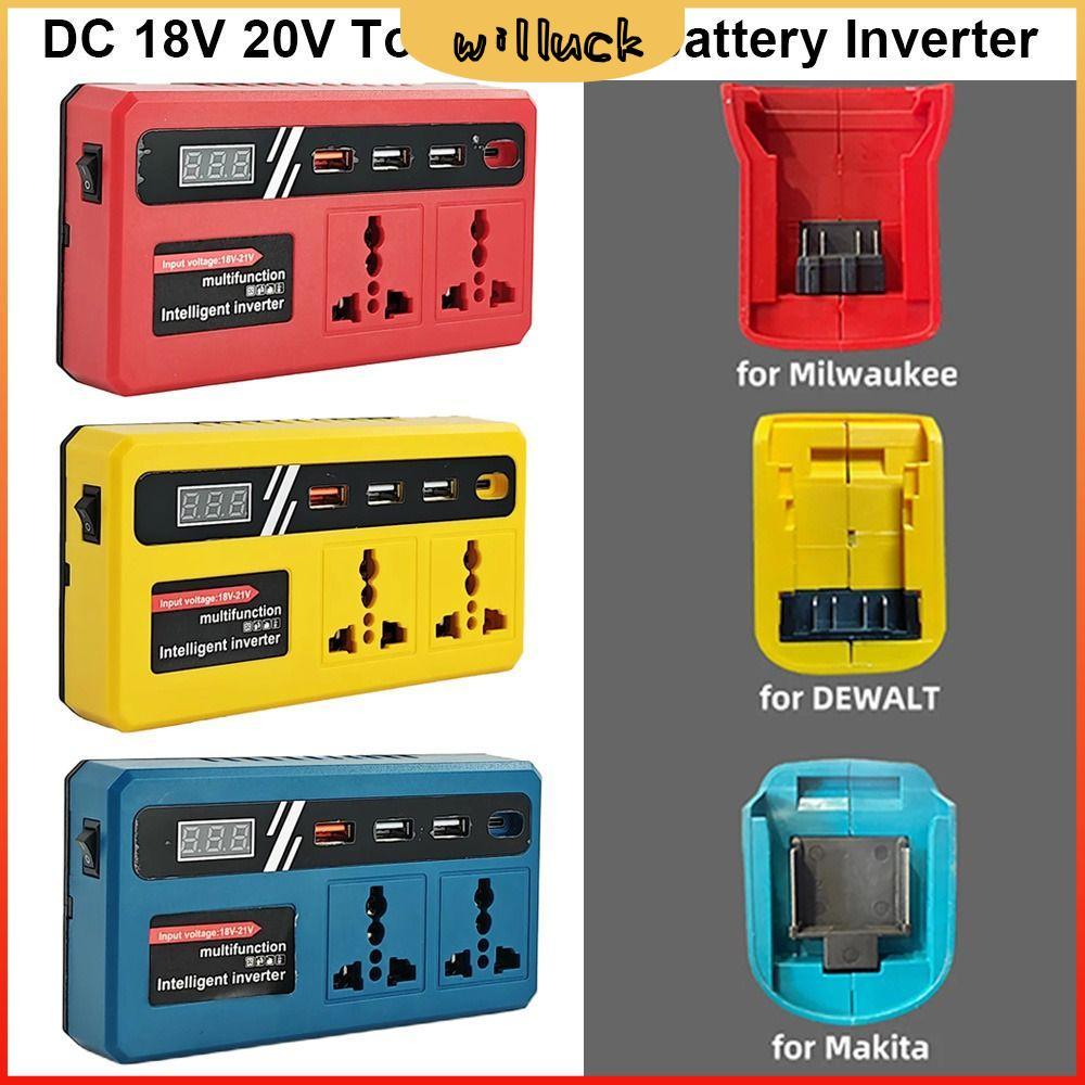 WILLUPH 1Pcs Smart Transformer, Multifunctional Dual Plug Battery Inverter, 18v 20v To 220v 120W with 4 USB LED Socket Outdoor Work Inverter
