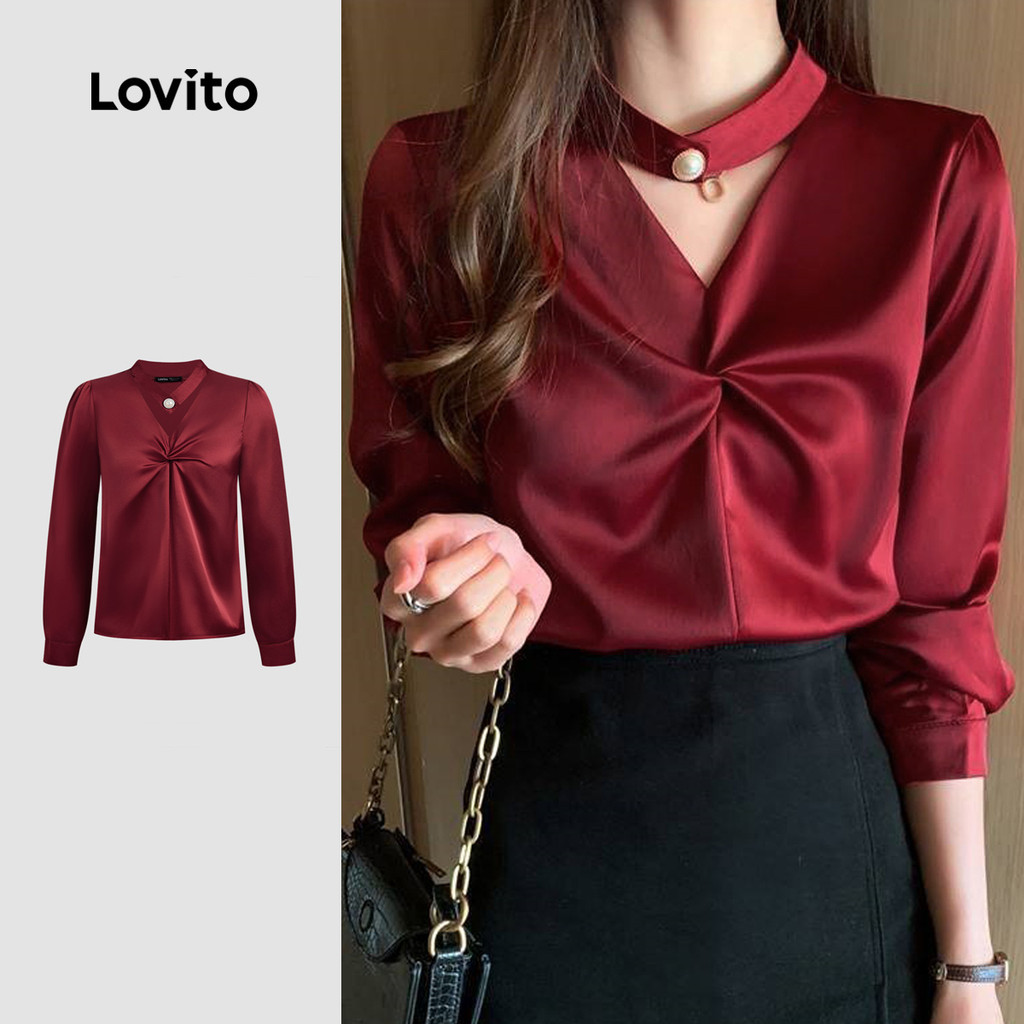 Lovito Elegant Blouse Twist Autumn/winter Claret Blouse for Women L158AD134 Lovito Blusat Elegan Putar Gemilang Musim Luruh/luruh Blouse Claret untuk Wanita L158AD134