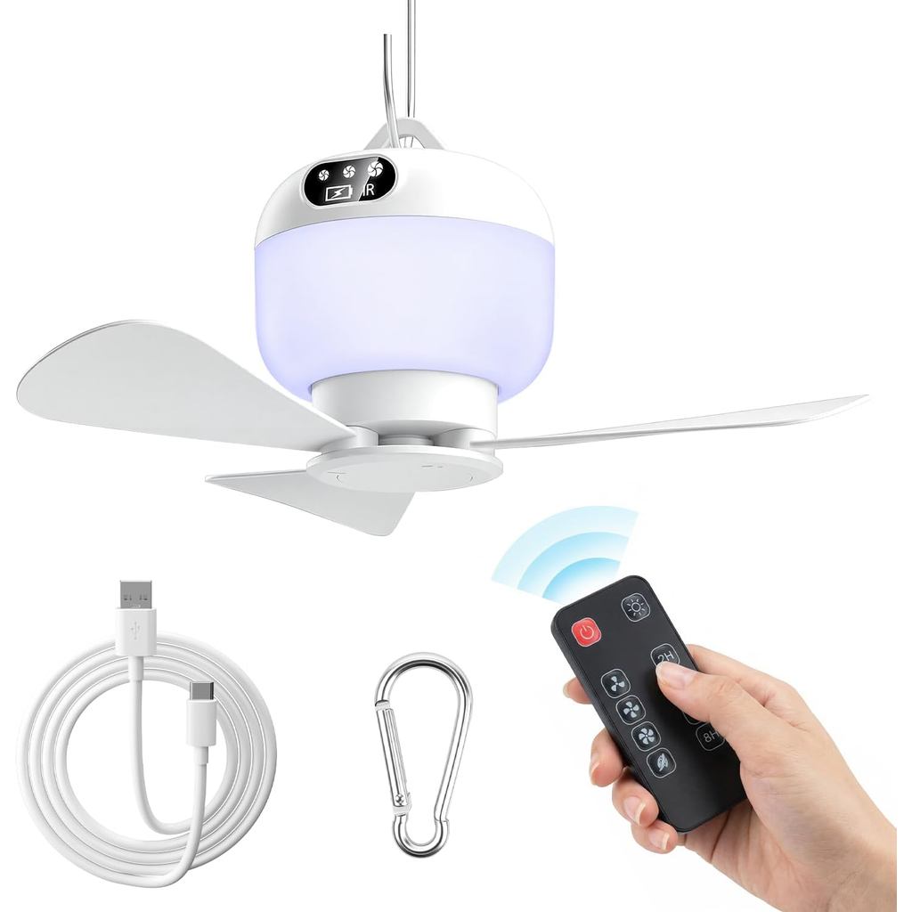 Kipas Perkhemahan dengan Lampu & Alat Kawalan Jauh, Kipas Siling Mudah Alih Tanpa Wayar Boleh Dicas Semula untuk Khemah dengan 4 Kelajuan, 3 Mod Lampu, Pemasa, Kipas Berkuasa Bateri untuk Khemah, Kanopi, Pantai, RV, Kereta, Perkhemahan