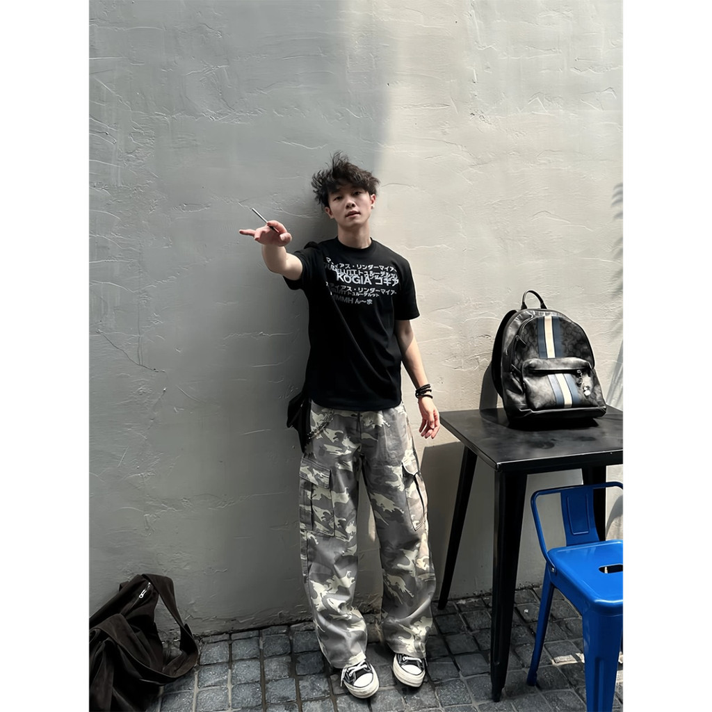 American Retro Camouflage Large Pocket Overalls vintage Street Loose Casual Wide-Leg Trousers