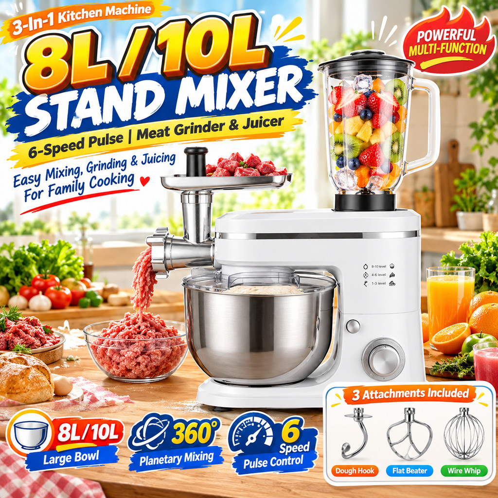 Multifunctional Stand Mixer 2200W 10L Large Capacity Dough Mixer 6 Speed Meat Grinder 1.5L Juice Blender Baking Machine Mesin Pengadun