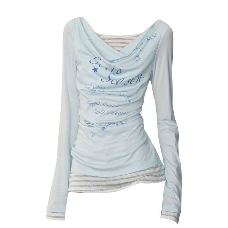 Women Vintage Y2K Strip T-shirt High Street Print Long Sleeves Top