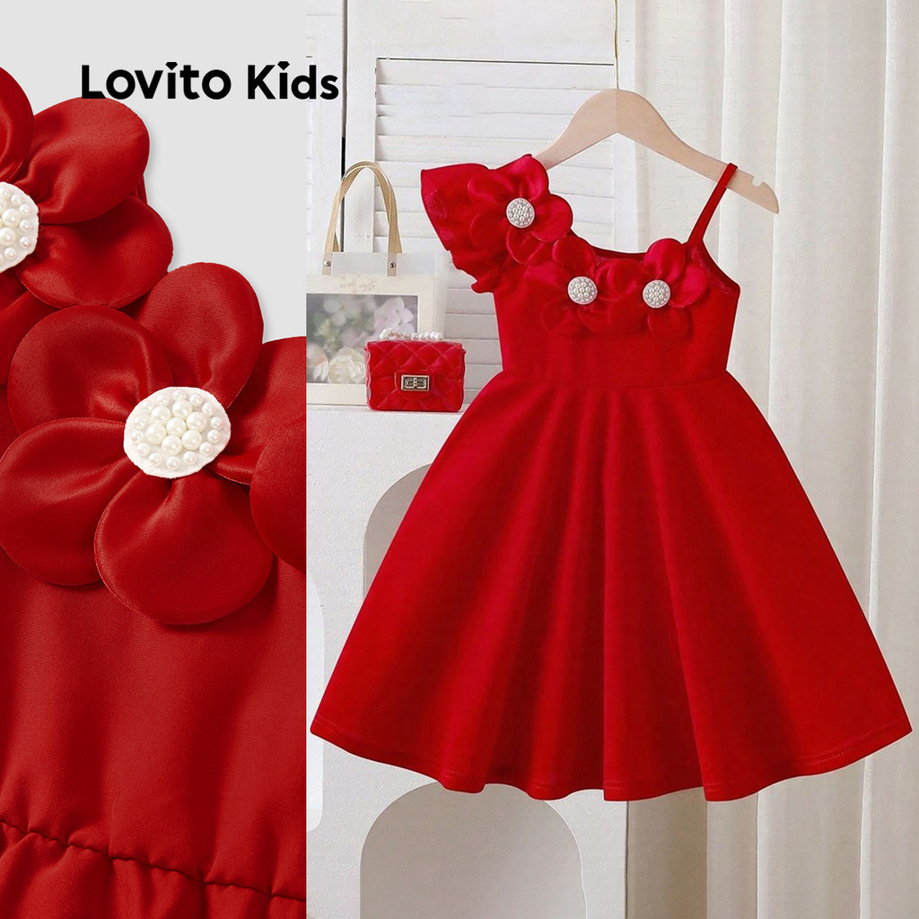 Lovito Kids Elegant Cute Dress Asymmetrical Spring/summer Gown Wedding Graduation Birthday Red Dress for Girl L162LD278 Lovito Gaun Comel Kanak-kanak Hari Asimetri Musim Bunga/musim Panas Merah Untuk Pelajar Perempuan L162LD278