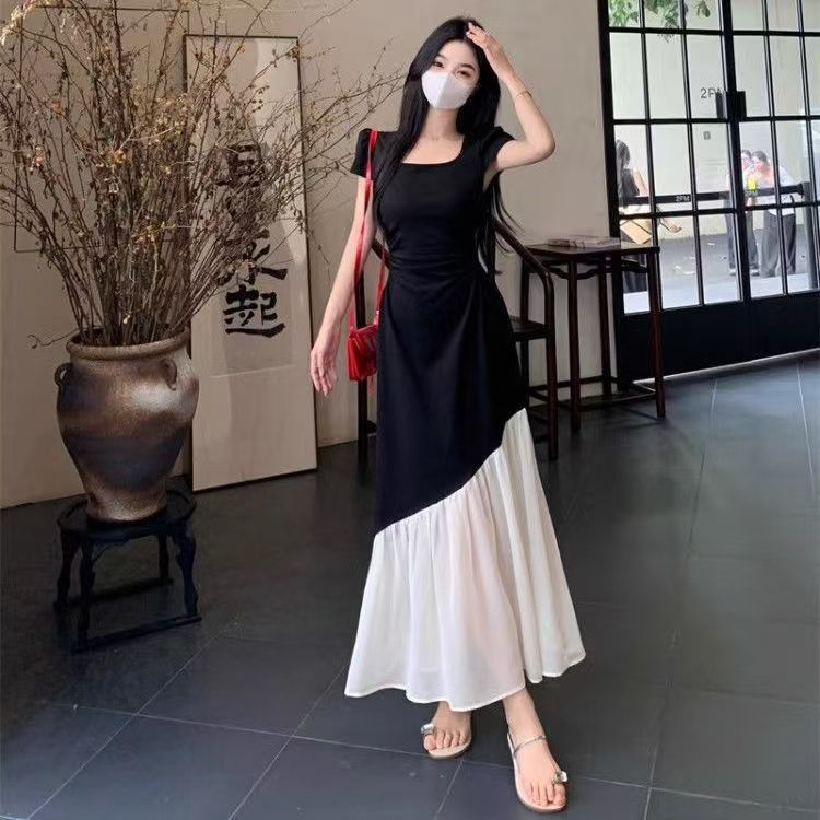 【现货】赫本方领撞色收腰黑裙 Ready Stock Hepburn Square Neck Color Block High Waist Black Dress