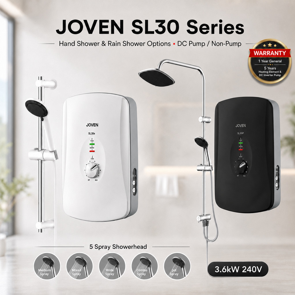 [ JOVEN ] (SL30e / SL30e-RS / SL30iP / SL30iP-RS) 3.6kW Instant Water Heater | DC Pump / Rain Shower