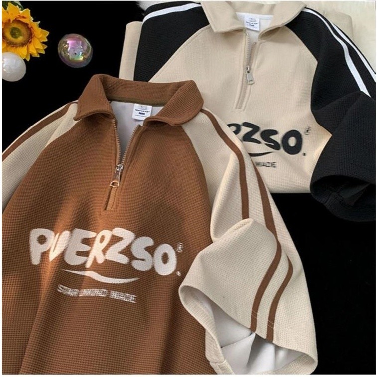 【READY STOCK】ProMan baju polo lelaki japanese Waffle Half Zipper Shirt Men Retro Fashion All-Match Lapel Short Sleeve