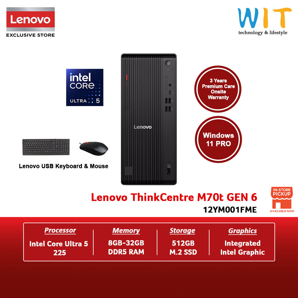 Lenovo ThinkCentre M70t Gen 6 12YM001FME (Intel Core Ultra 5 225/8GB-32GB RAM/512GB SSD/W11 Pro/3 Years Warranty)