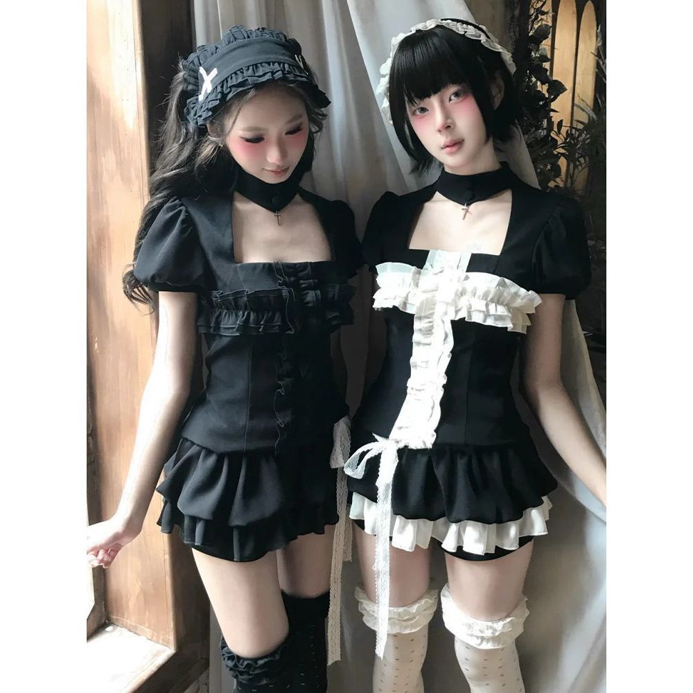 YS Gemini Saint Joa Culture Black White Gemini Suit Ruffled Short Top+Cake Culottes Two-Piece Suit