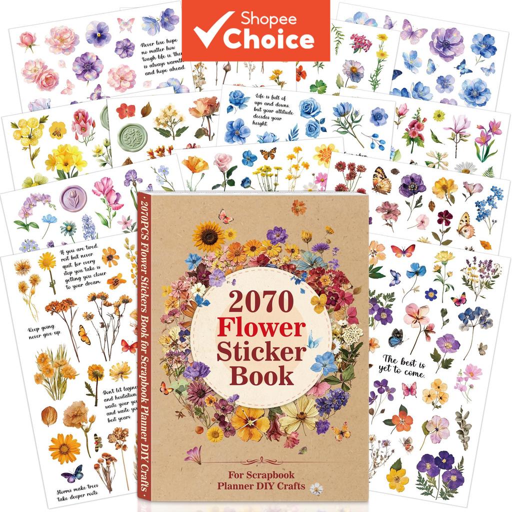 2070PCS Self-Adhesive Colorful Floral Sticker Book for DIY Crafts, Scrapbooking, Notebooks, Laptops, Water Bottles Decoration 2070PCS Buku Pelekat Bunga Berwarna-warni Pelekat Sendiri untuk Kraf DIY, Scrapbook, Buku Nota, Komputer Riba, Botol Air