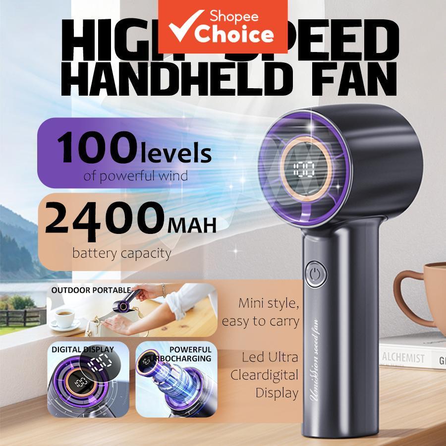 High Speed Handheld Fan 2-in-1, 100 Speeds, 2400mAh Rechargeable, LED Display, Quiet USB Fan for Travel Camping Hiking Kipas Tangan Berkelajuan Tinggi 2-dalam-1, 100 Kelajuan, 2400mAh Boleh Cas Semula, Paparan LED, Kipas USB Sunyi