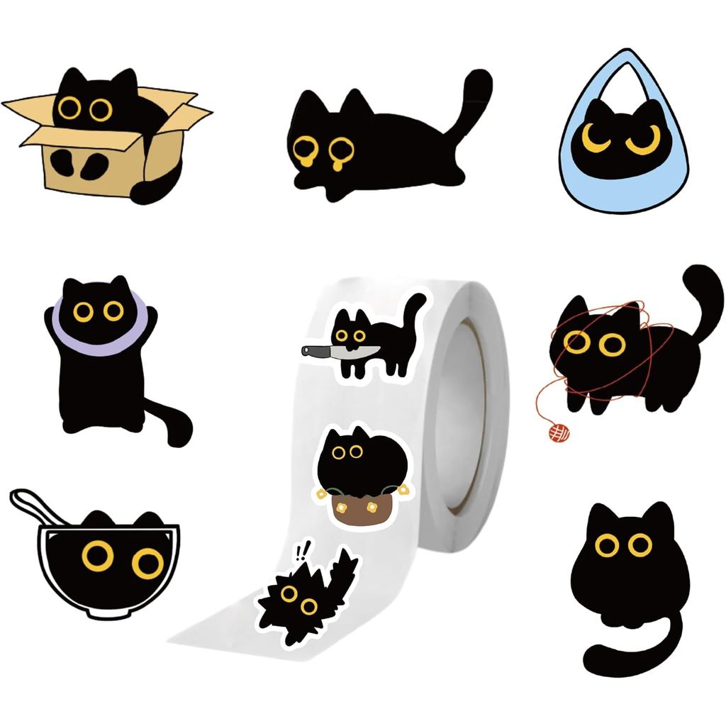 500 Helai Pelekat Kucing Hitam - 10 Reka Bentuk Comel, Kalis Air & Mudah Dikupas, untuk Jurnal, Buku Skrap, Komputer Riba, Pembungkus Hadiah, Hiasan Botol Air, Kraf DIY