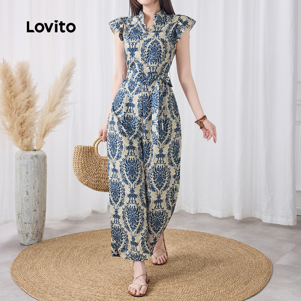 Lovito Vacation Tribal Print Lace Up Zipper Jumpsuit for Women L133ED204