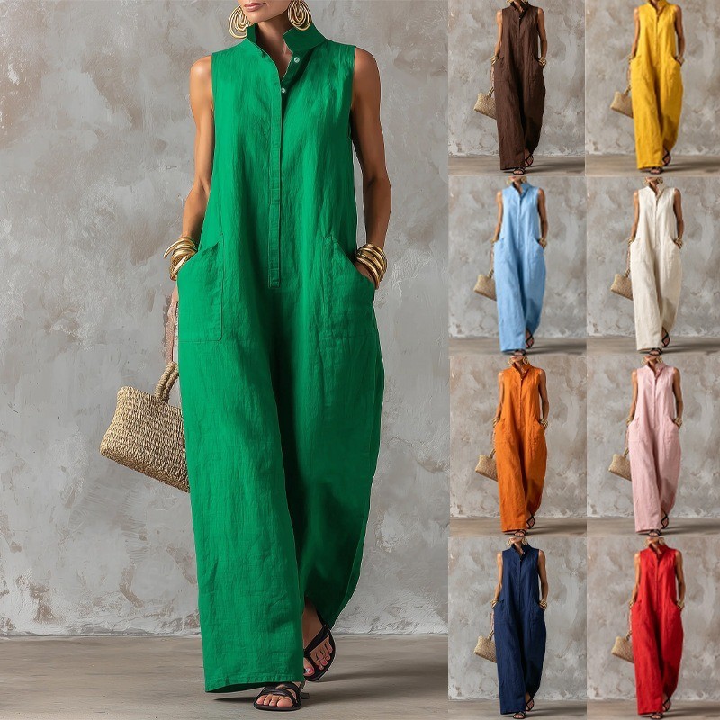 New Style Stand-Up Collar Sleeveless Linen Breasted Loose Wide-Leg Jump