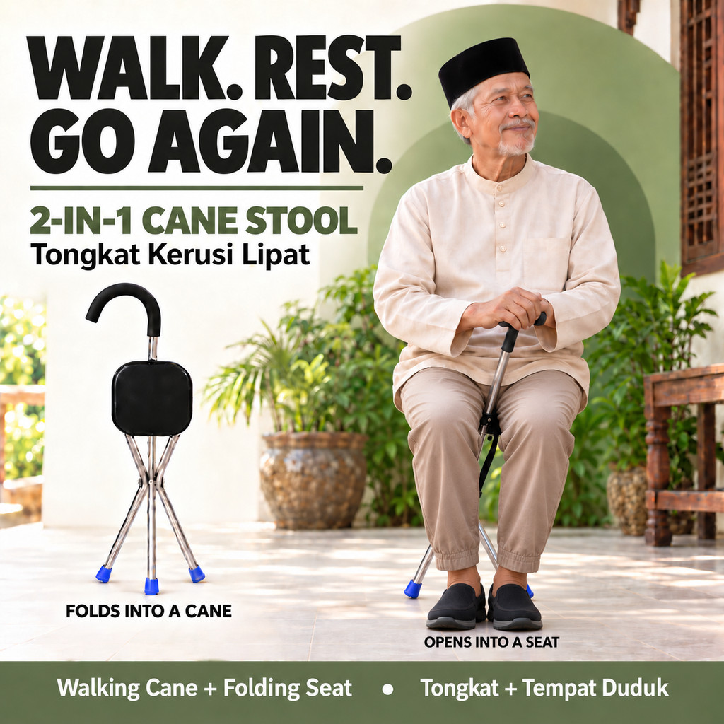 Folding Walking Stick with Seat | 2-in-1 Cane Chair, 3 & 4 Leg Options | Tongkat Kerusi Lipat