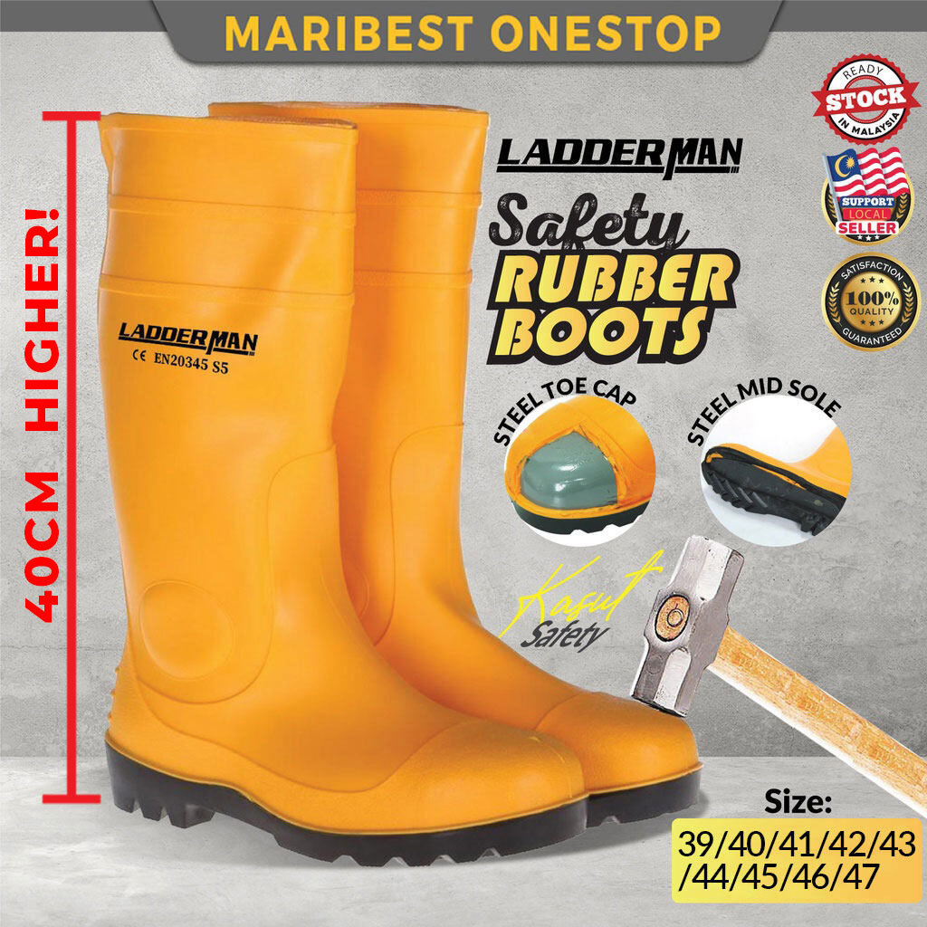 LDM Steel Toe Cap Safety Rubber Boot Yellow Orange Wellington Waterproof Construction Working PVC Shoes Kasut Site Getah