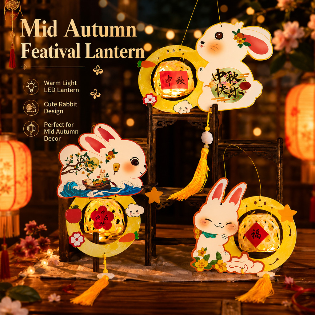 2026 Mid-Autumn Festival Bamboo Lantern DIY Handmade Rabbit LED Lamp Home Lighting Hanging Ornament Kids Craft Gift