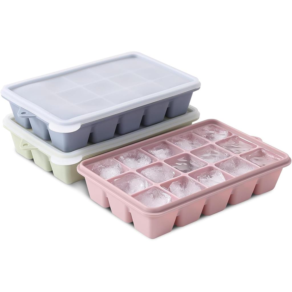 Bekas Ais Silikon dengan Penutup 3-Pek, Set Bekas Ais 15-Ruang untuk Peti Sejuk, Acuan Ais Bebas BPA yang Mudah Dikeluarkan untuk Wiski, Kopi, Koktel dan Lain-lain