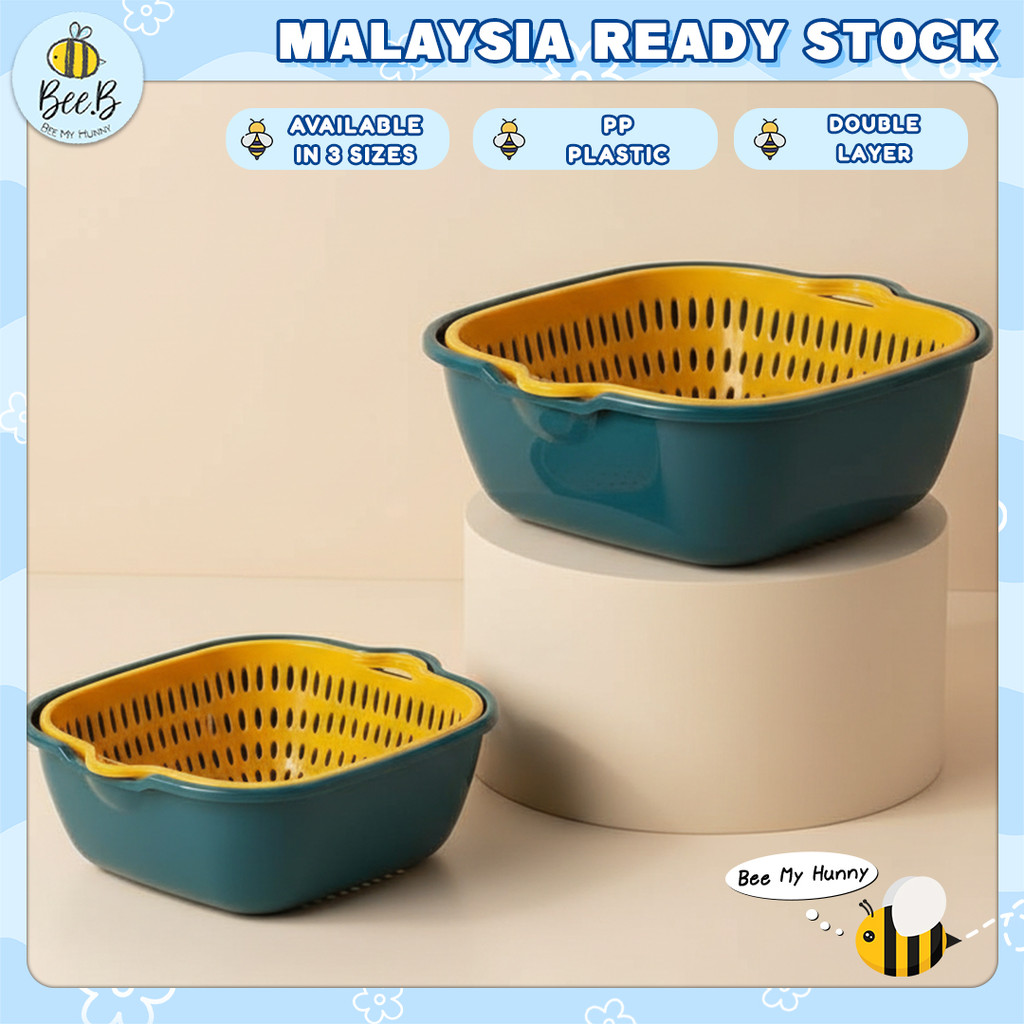 Dua Lapisan Bakul Penapis Multifunctional Fruit Vegetable Double Layer Drain Storage Basket Rice Washing Colander BTP