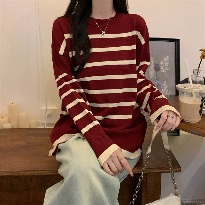 SL Women Loose Long Sleeved Bottoming Shirt Versatile Round Neck Top Contrasting Striped Knitwear