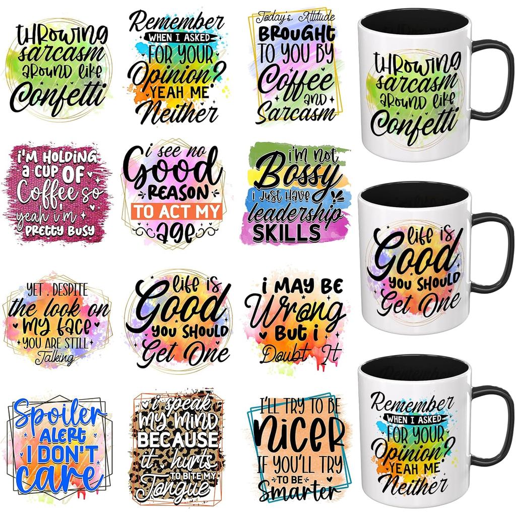 12PCS Balutan Cawan UV DTF Lucu dan Unik Sesuai untuk Mug, Gelas, Buku Nota, Komputer, Meja dan Kerusi, dan lain-lain. untuk Kreativiti DIY, Kertas Pemindahan UV DTF Berkelikatan Tinggi