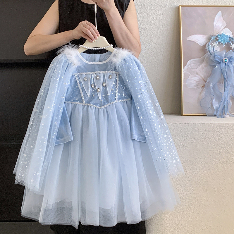 Girls Elsa Princess Dress Baby Girl Puffy Gauze Dress with Shawl Detachable Frozen Dress
