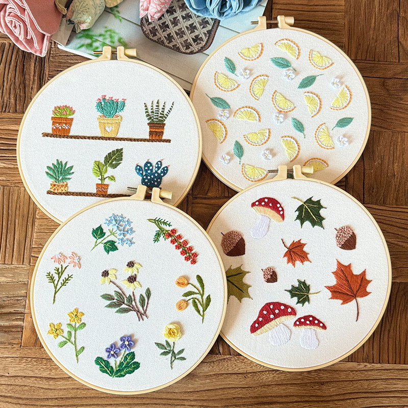 European Floral Embroidery DIY Kit | 3D Botanical Needlework Small Art Beginner-Friendly Starter Set- Set Sulaman Tangan