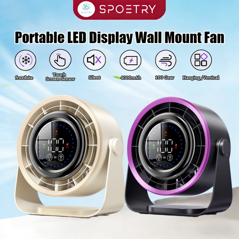 SPOETRY Kipas Meja Tanpa Kabel Turbo 100Gear dengan Paparan LED Mudah Alih, Kipas USB Sirkulasi Udara 4000mAh
