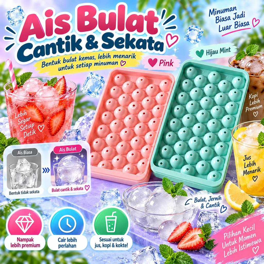 Dulang Ais Silikon Warna Biru Kiub Ais Bulat | Acuan Ais Bola Mudah Keluar, Sesuai Cuaca Panas Malaysia Ice Ball Tray