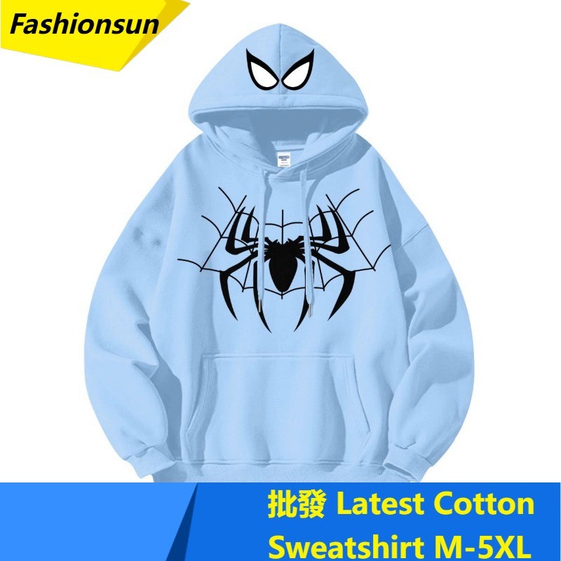 【Fashionsun】M-5XL Hoodies American Fun Cartoon Spider Print Velvet cotton Thick Round Neck Light blue Hoodies