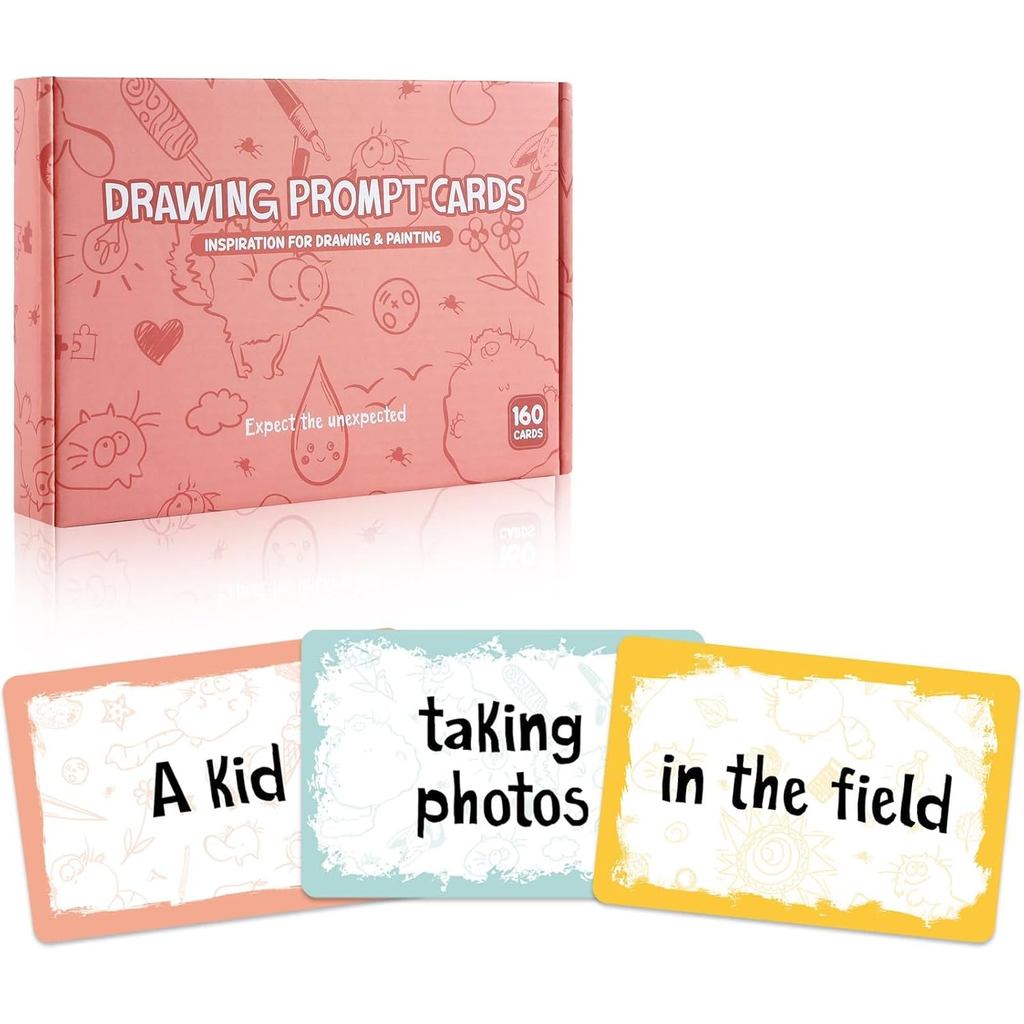 160Pcs Drawing Prompt Card for Creative Inspiration Unique Art Prompts with Characters Actions Places Include 40 Blank Dry Erase Cards Painting Ideas Game for Studio Classroom Arti