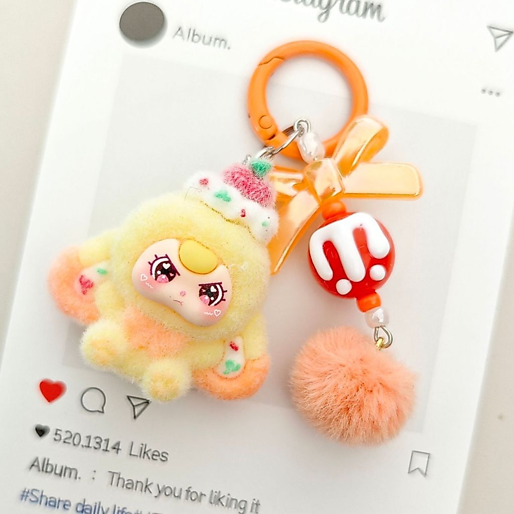 Sweet Cartoon Flocked Doll Key Ring Cute Plush Keychain Charm Kawaii Angry Rabbit Fashion Bag Pendants For Girls And Kids