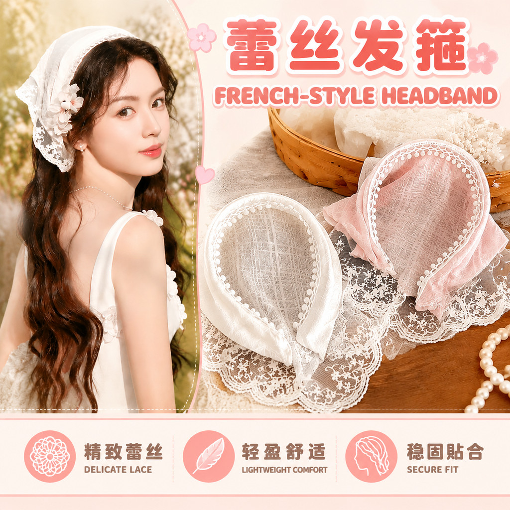 Bando Fesyen白色蕾丝发箍头巾 White Lace Headband Headscarf 法式三角巾包头巾帽田园风款 French-style Triangle Scarf Beauty