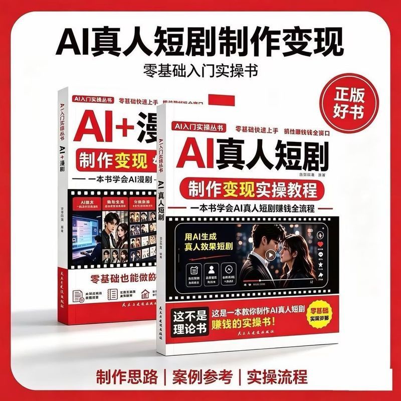 新品热卖-现货AI真人短剧+AI漫剧制作变现全套2册零基础实操短视频副业赚钱教程 New product hot sale - In-stock AI live-action short drama + AI comic production monetization complete set of 2 books, practical short video side-hustle money-making tutorial for beginners